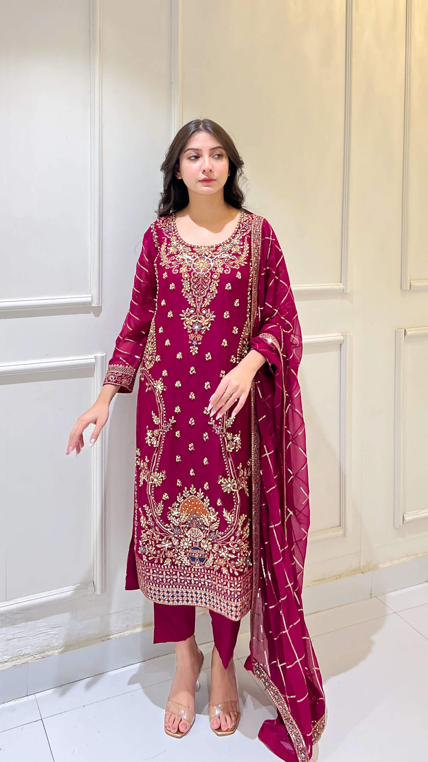 Matching chiffon dupatta with detailed border – styled over shoulder