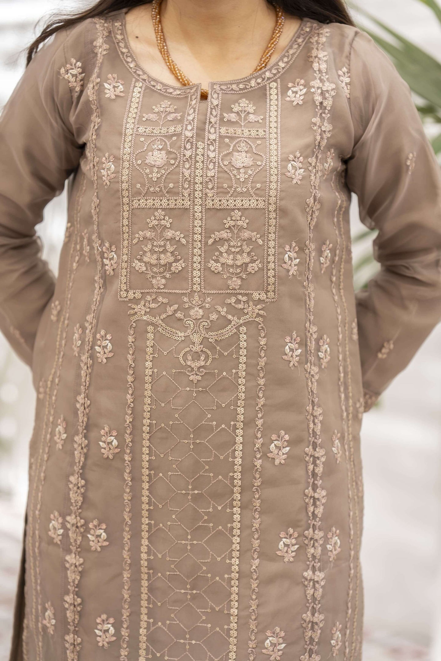 Brown embroidered kameez with intricate embroidery
