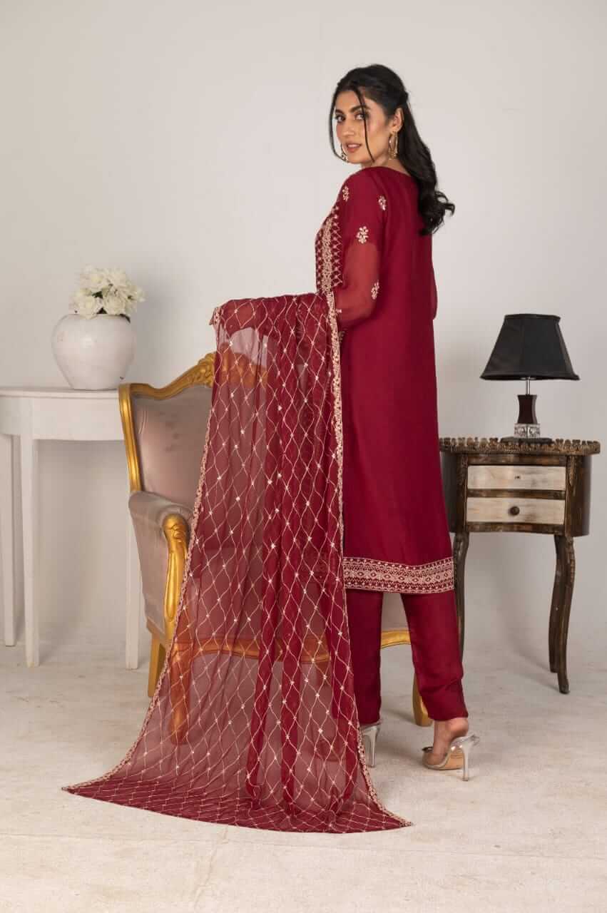 Woman wearing a magenta embroidered chiffon salwar kameez Back Shot