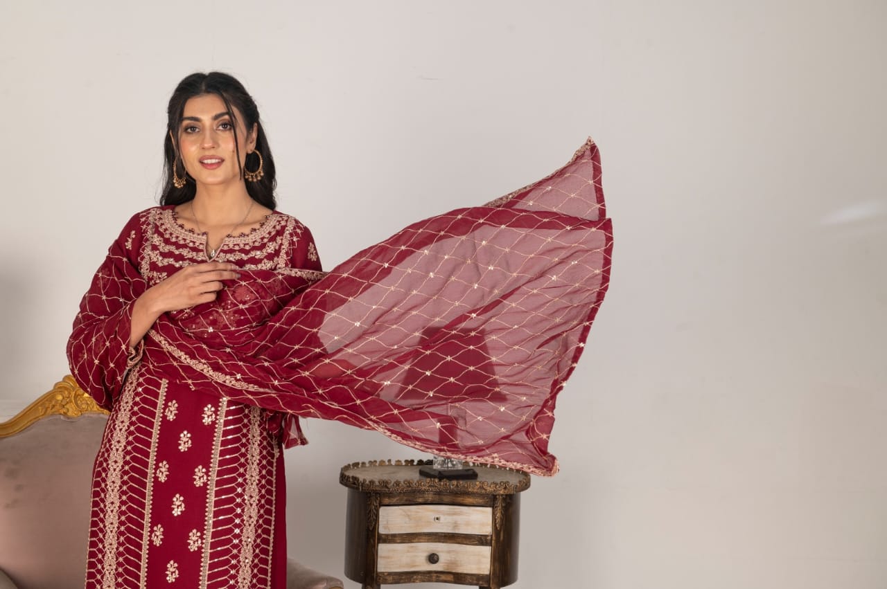 Woman wearing a magenta embroidered chiffon salwar kameez complete shot
