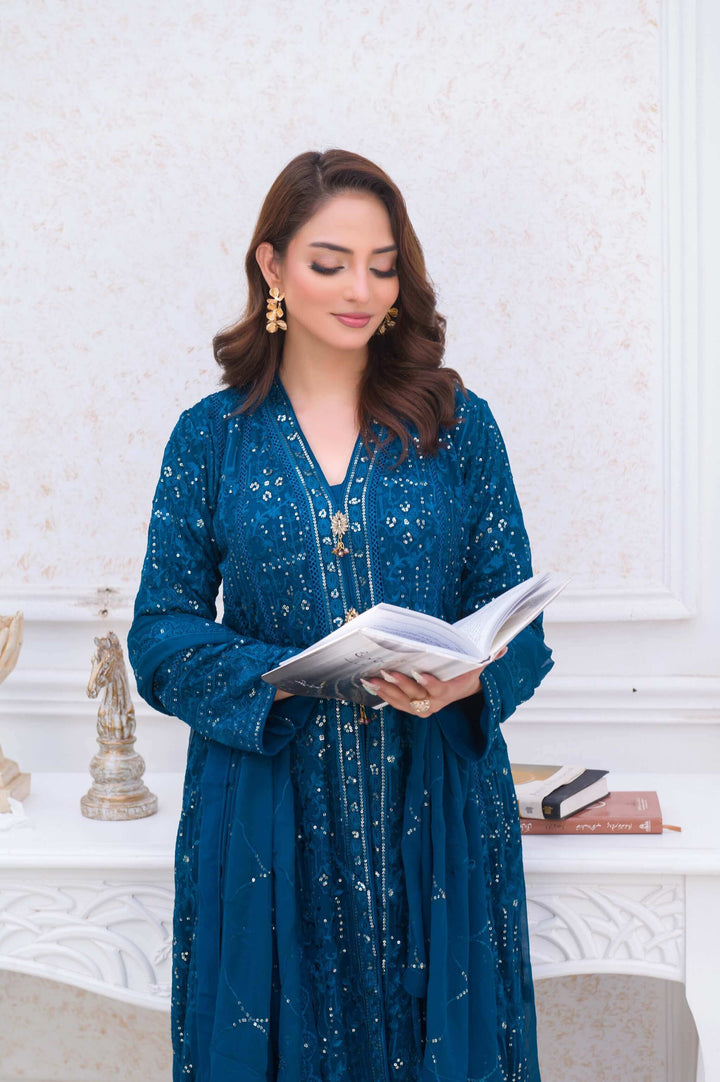 Peacock Blue Anarkali Front Open Gown Close Picture