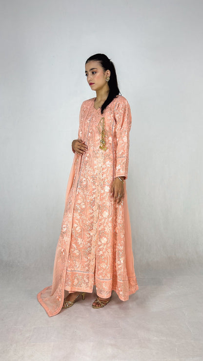 Melon Chiffon Anarkali Gown Maxi Dress Embroidered Long Frock Side Look