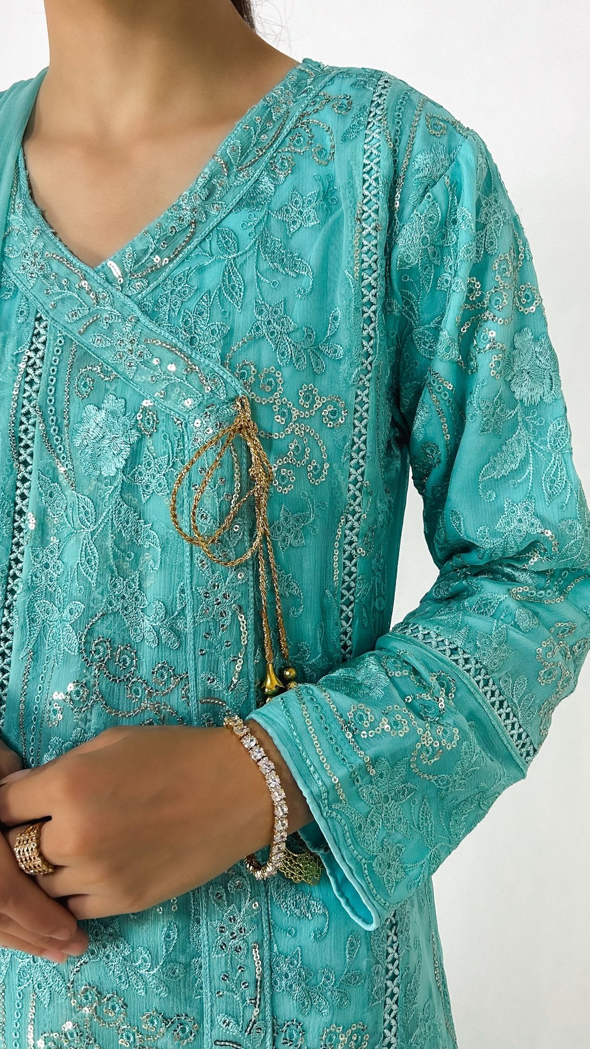 Light Blue Chiffon Pakistani Embroidered Anarkali Long Frock Maxi Dress Detailed Embroidery Look