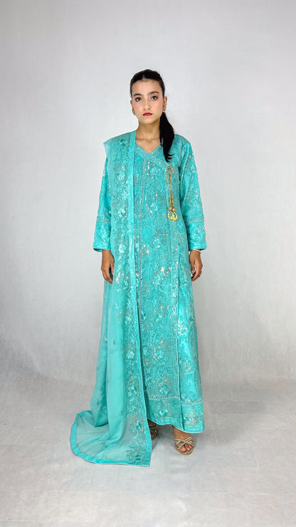 Light Blue Chiffon Pakistani Embroidered Anarkali Long Frock Maxi Complete Looks