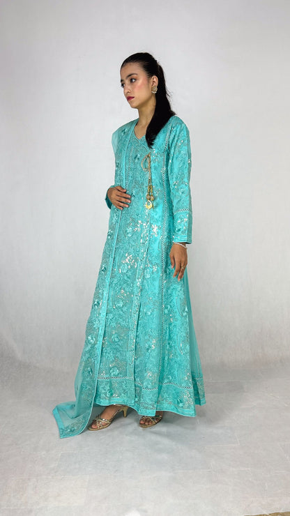 Light Blue Chiffon Pakistani Embroidered Anarkali Long Frock Maxi Side Look