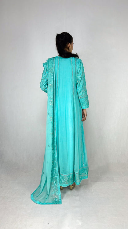 Light Blue Chiffon Pakistani Embroidered Anarkali Long Frock Maxi Back Look