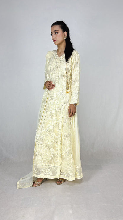 Ivory Embroidered Chiffon Indian Anarkali Dress - Long Frock Maxi Side Look