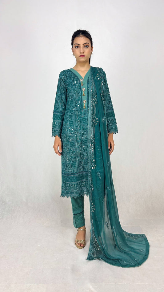 Teal Chiffon Shalwar Kameez Embroidered Ethnic Dress Complete Look