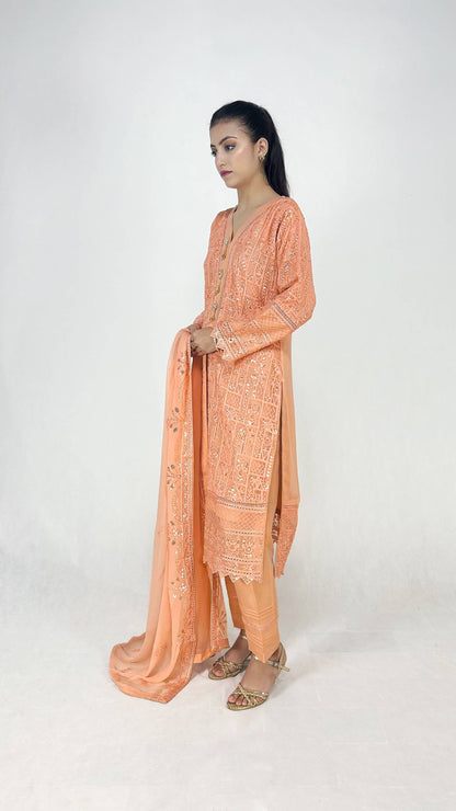 Peach Embroidered Chiffon Shalwar Kameez Formal Ethnic Wear Side Look