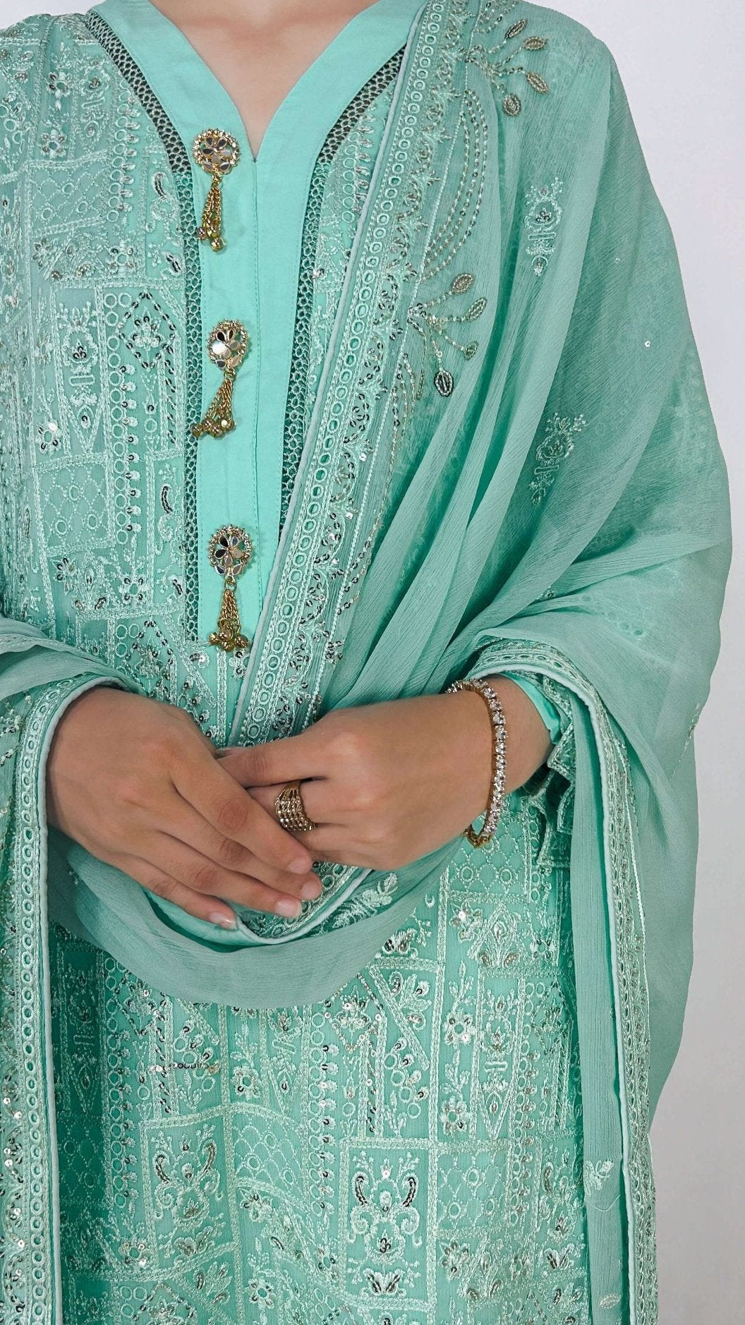 Mint Cream Chiffon Shalwar Kameez Embroidered Traditional Outfit Detailed Embroidery Look