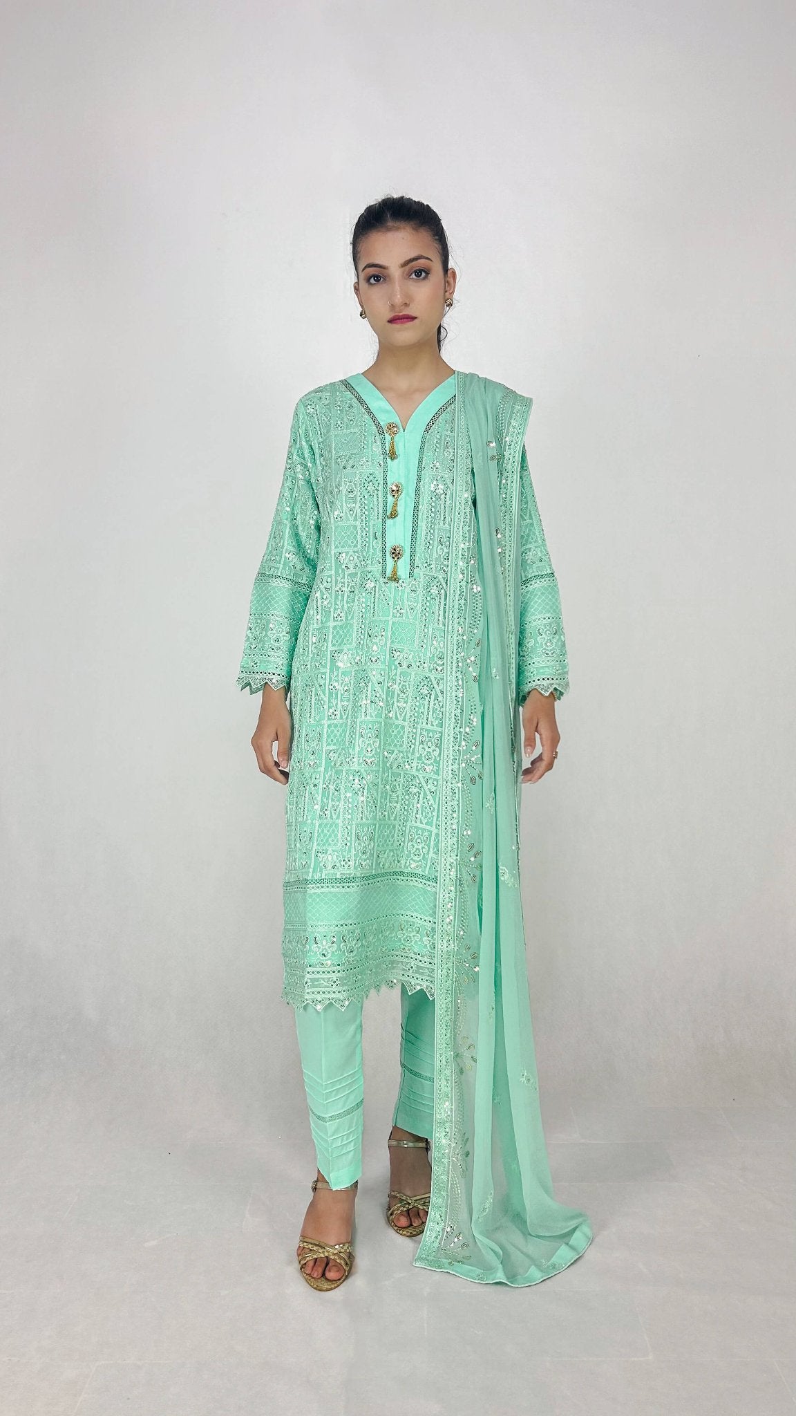 Mint Cream Chiffon Shalwar Kameez Embroidered Traditional Outfit Complete Look