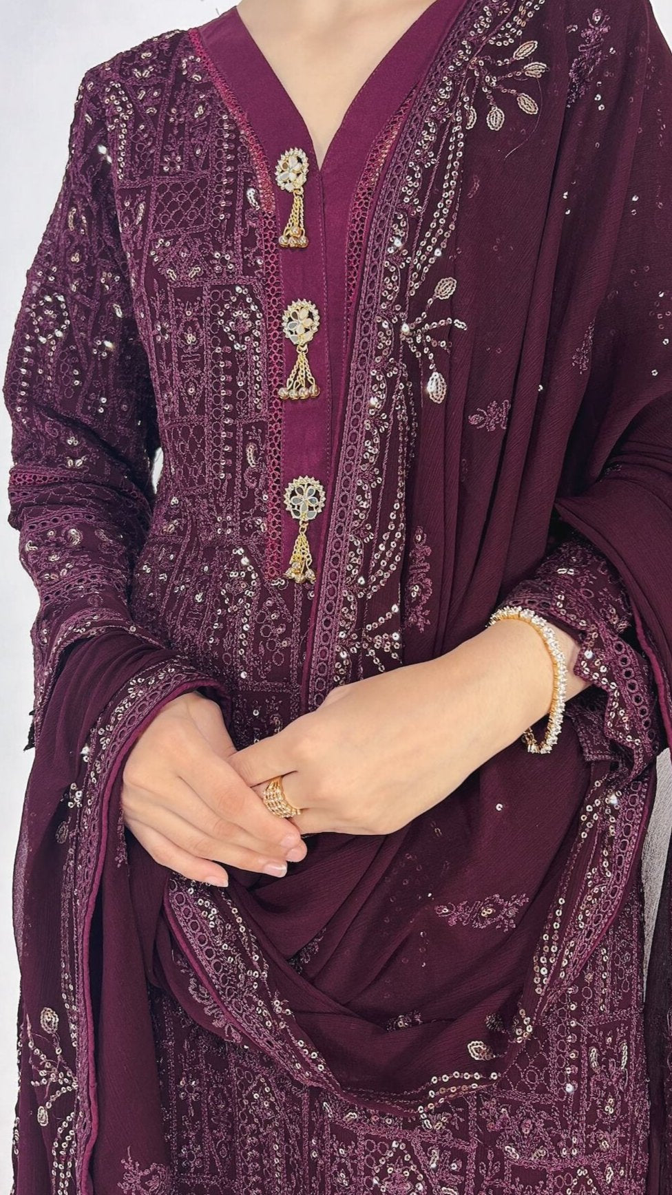 Dark Purple Chiffon Shalwar Kameez Embroidered Formal Dress Detailed Embroidery Look