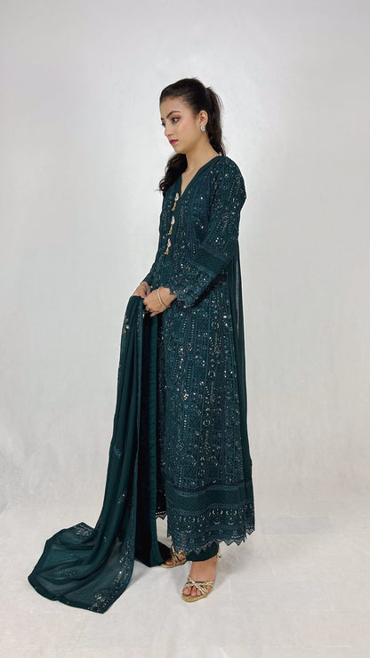 Dark Teal Chikankari Embroidered Chiffon Long Dress Anarkali Maxi Side Look