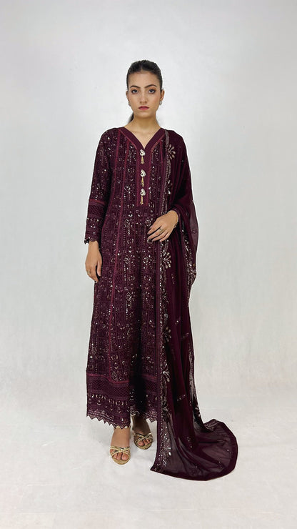 Dark Purple Chikankari Embroidered Chiffon Long Frock Maxi Anarkali Style Complete Look