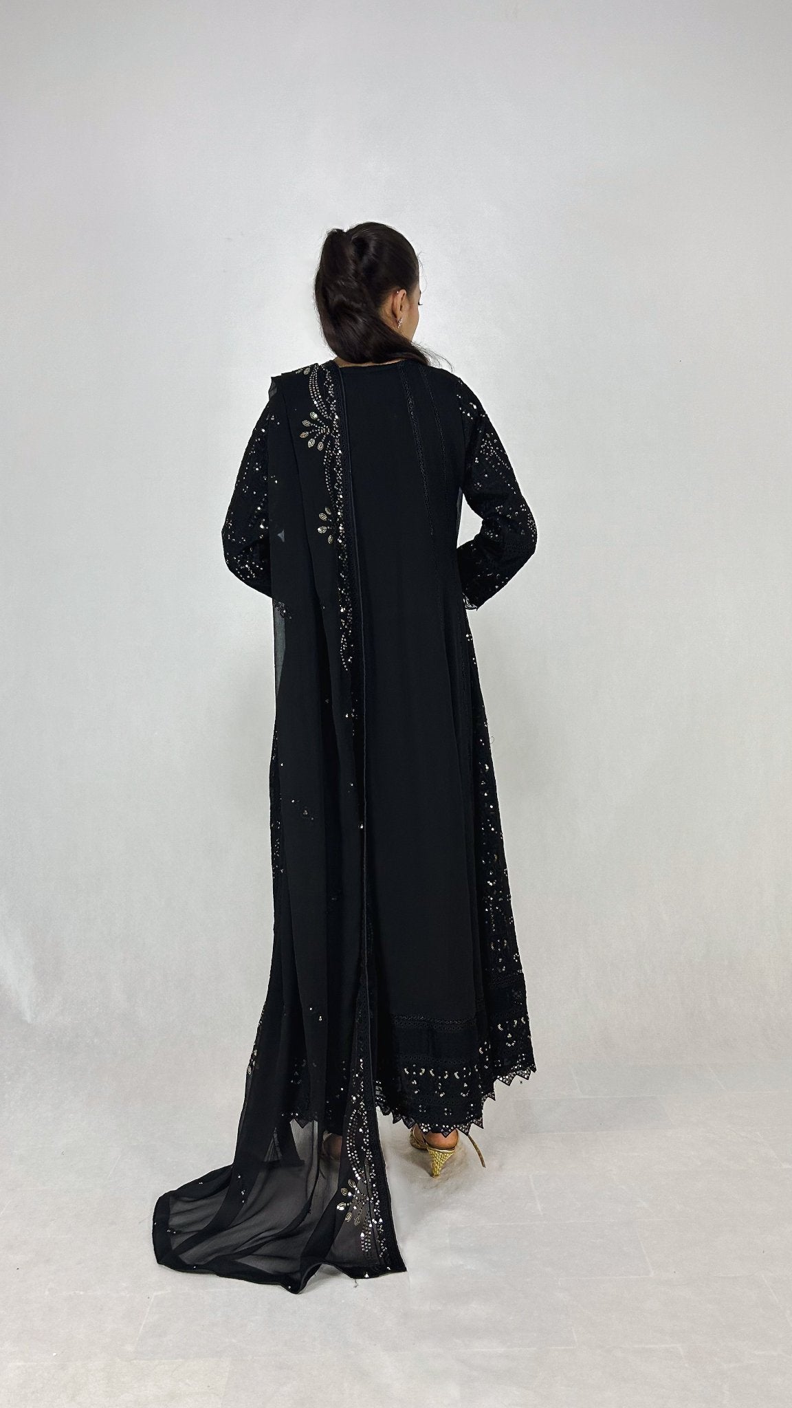 Black Chikankari Embroidered Chiffon Long Dress Anarkali Maxi Back Look