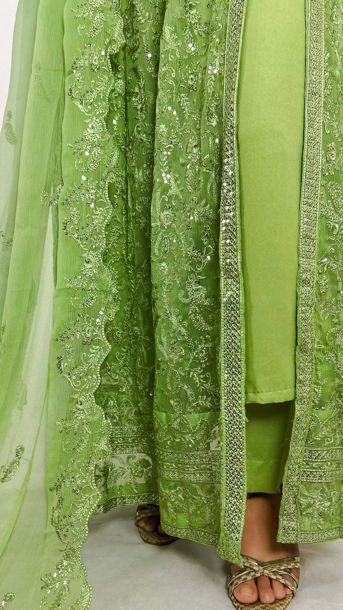 Olive Green Chiffon Indian Anarkali Gown Embroidered Long Frock Dress Detailed Border Embroidery Look