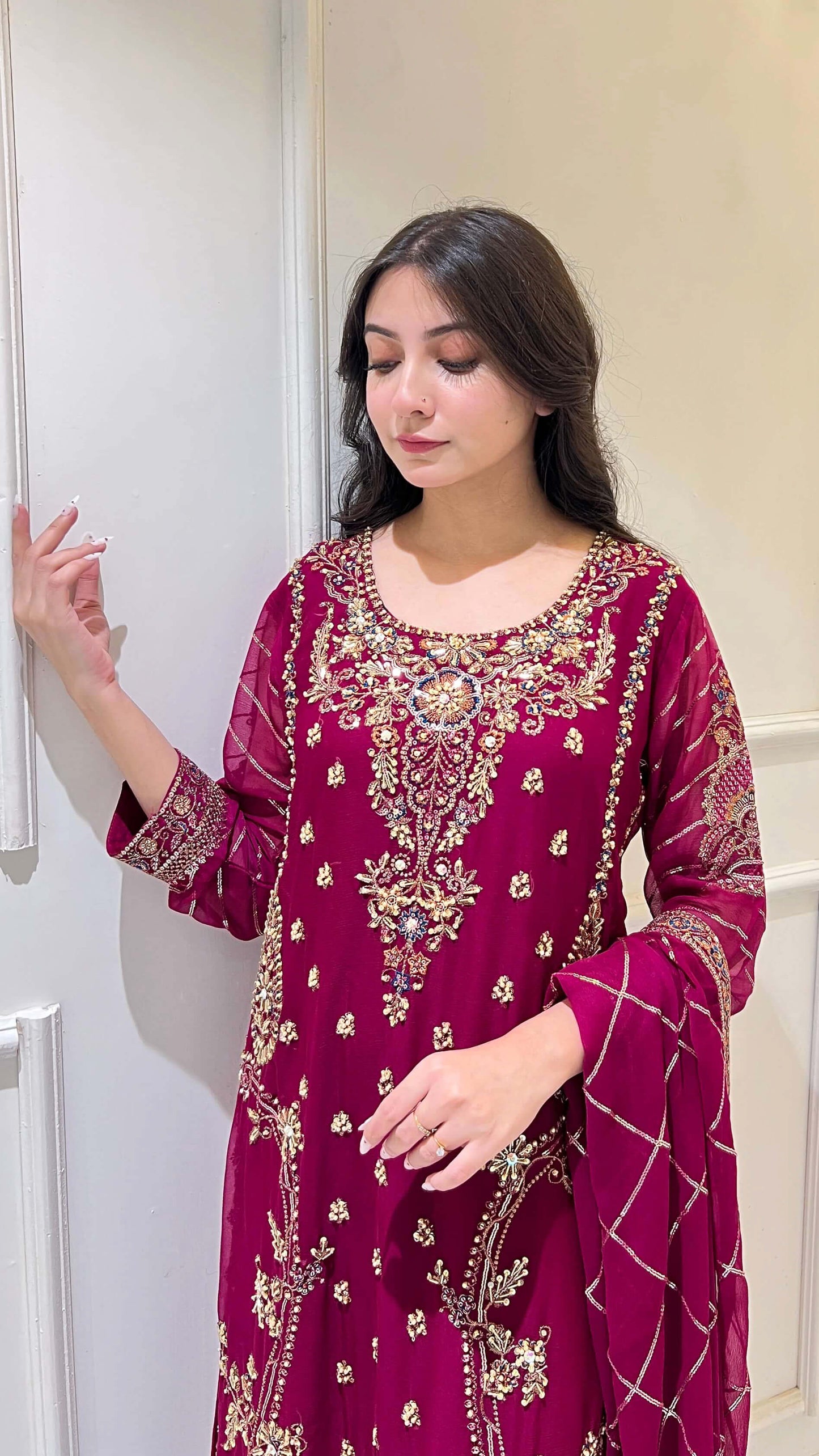 Intricate embroidery on chiffon shalwar kameez – detailed neckline and sleeves