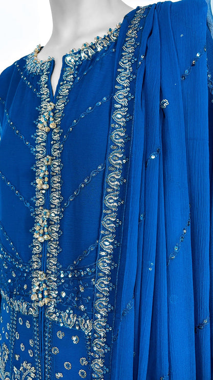 Peacock Blue Pakistani Party Wear Chiffon Long Anarkali Gown Dress Detailed Neckline Embroidery Look