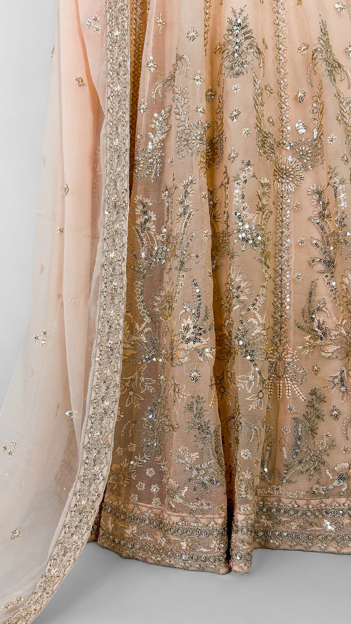 Peach Indian Party Wear Anarkali Long Dress Embroidered Border and Dupatta
