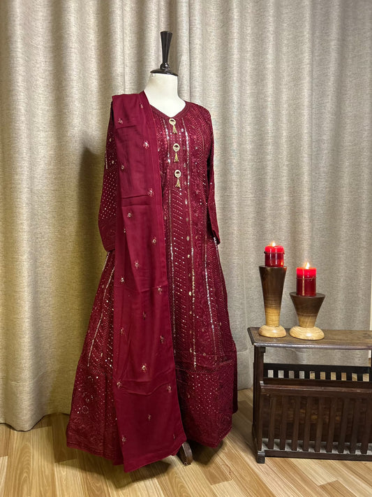 Nigaar Chiffon Embroidered Maxi with Dupatta and Malai Trouser