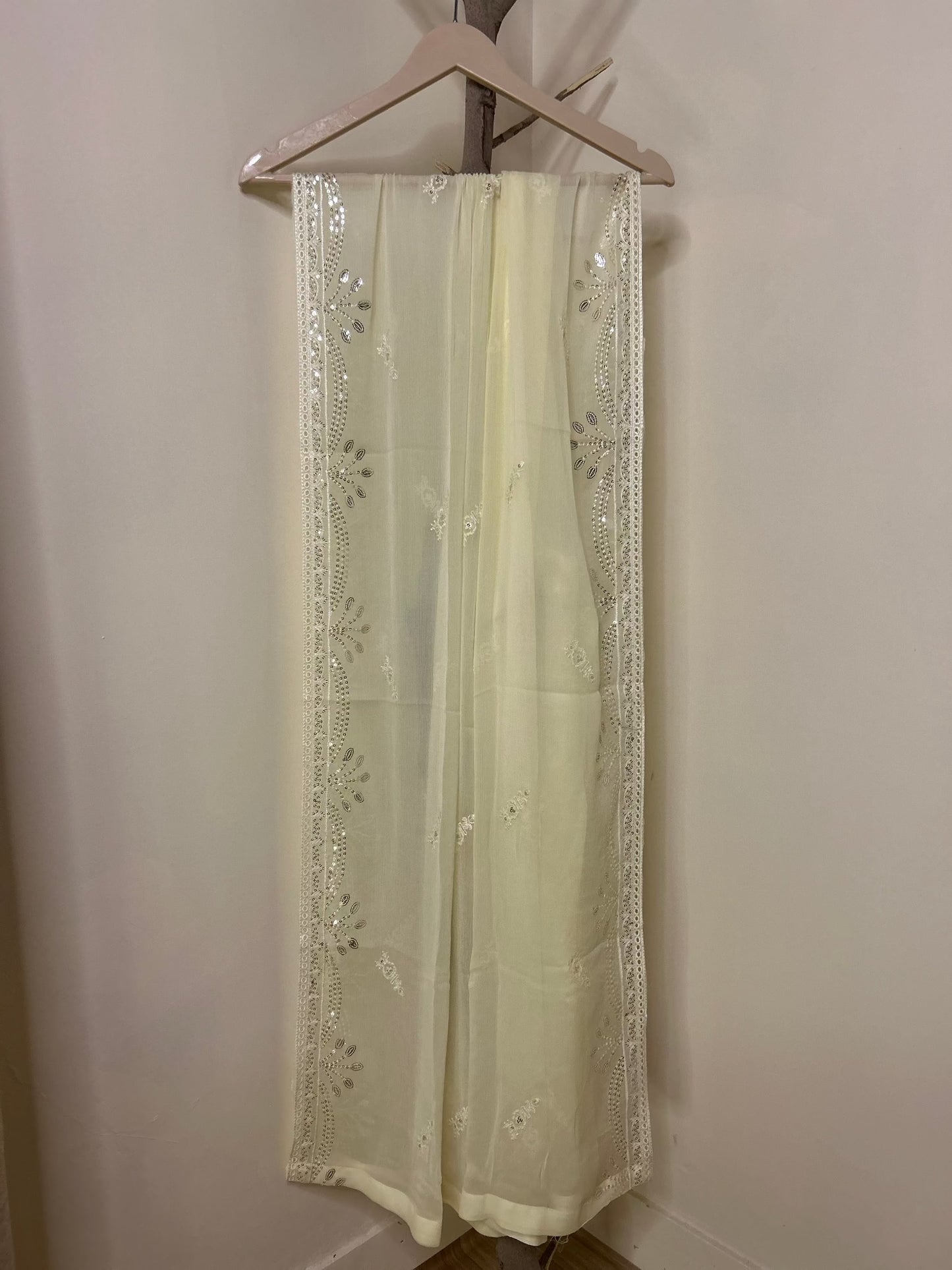 Ivory Chiffon Maxi Dress Embroidered Dupatta | Zarveil