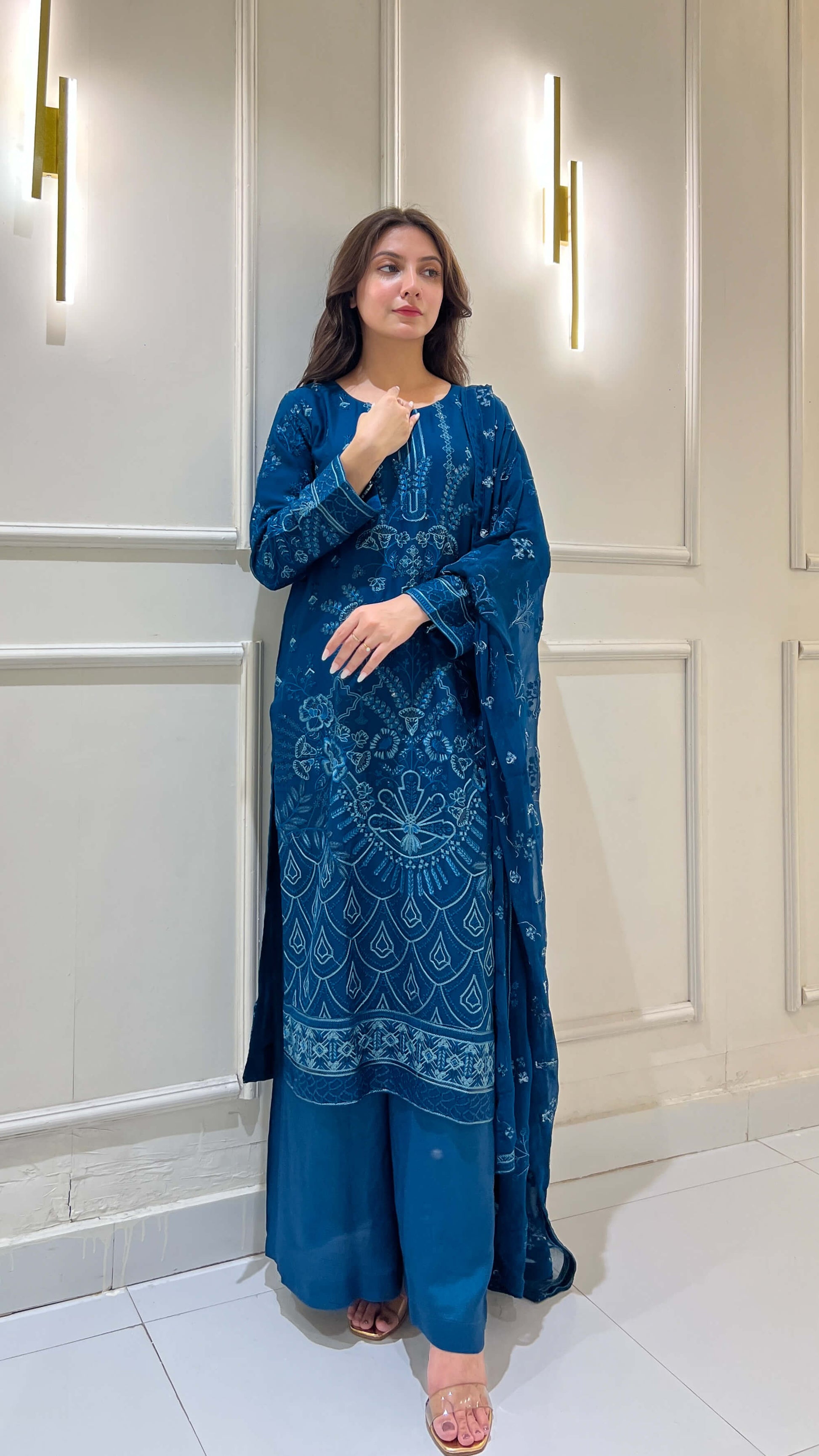Full view of embroidered chiffon 3-piece peacock blue suit