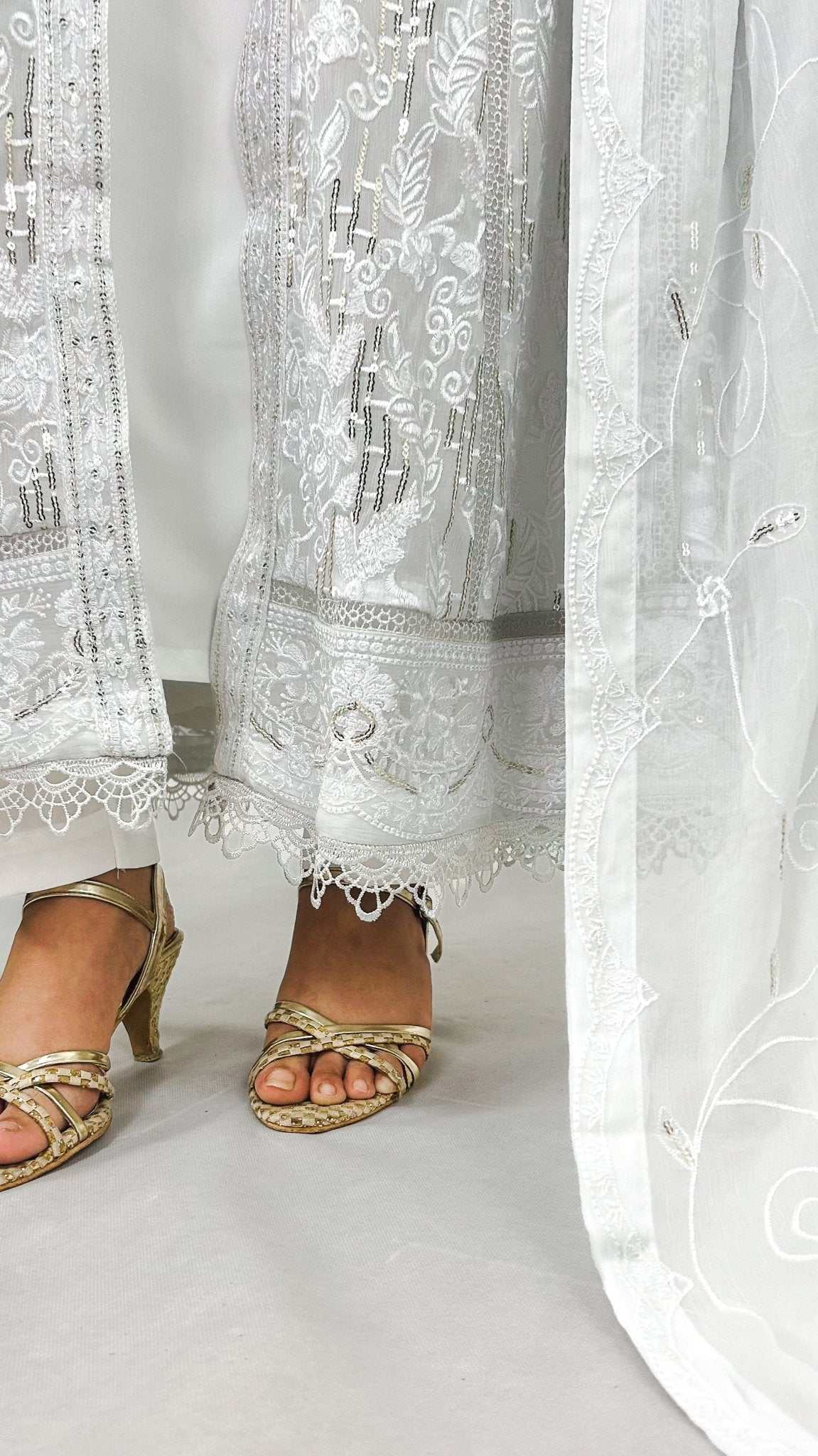 White Pakistani Anarkali Maxi Gown Embroidered Chiffon Long Frock Dress Embroidered Border Look