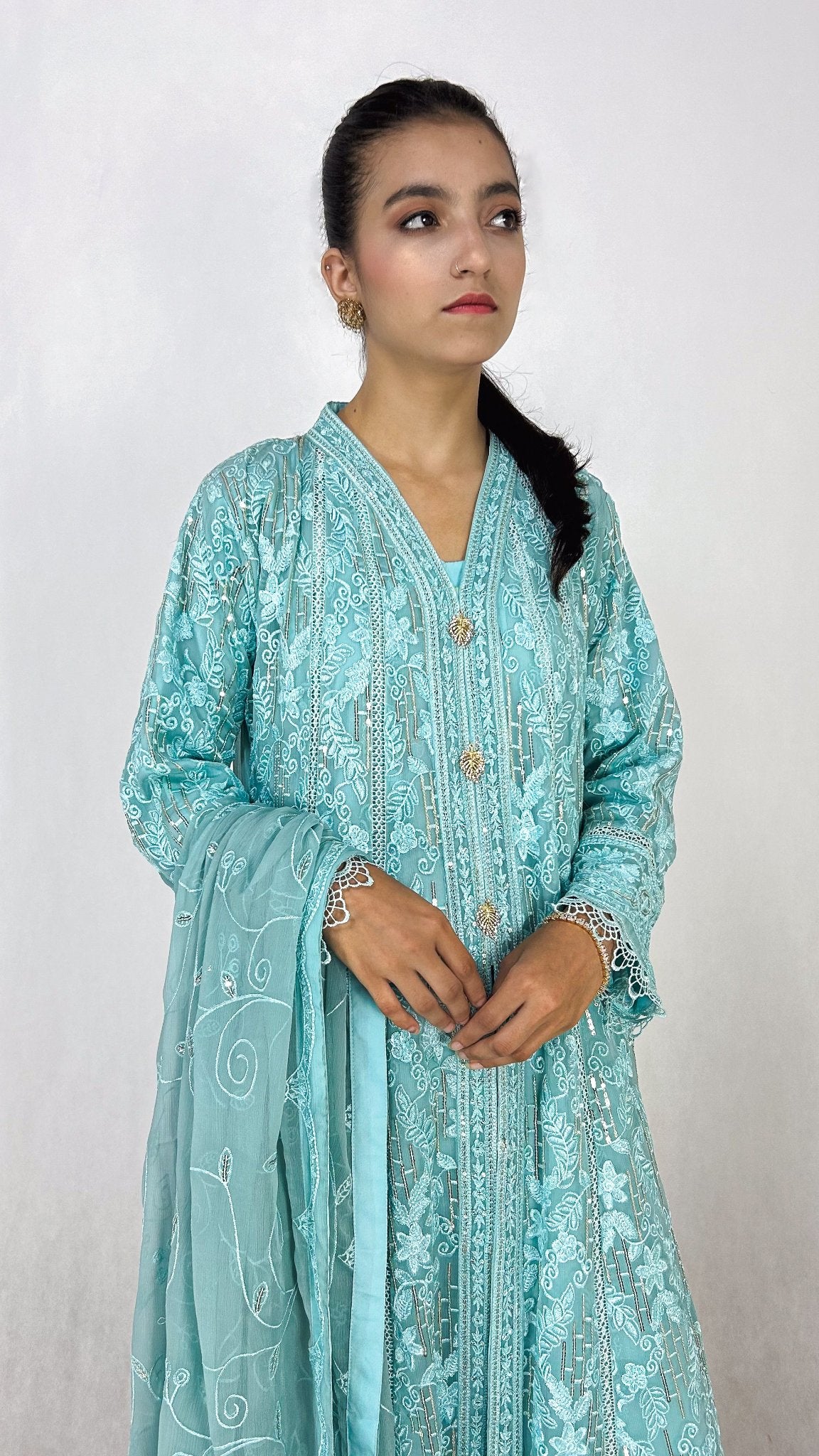 Ice Blue Indian Embroidered Chiffon Anarkali Maxi Frock Detailed Embroidery Look