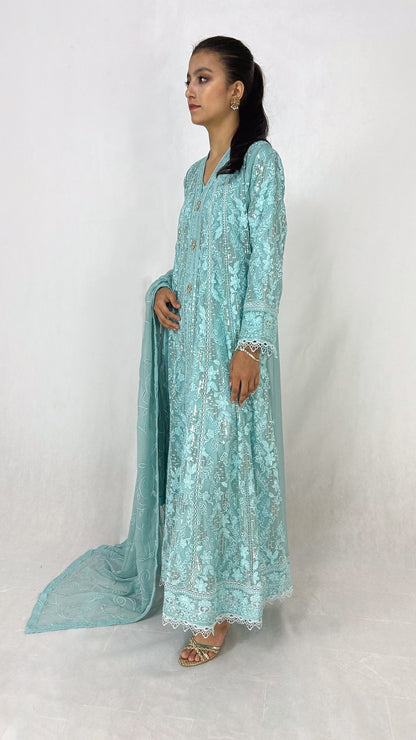 Ice Blue Indian Embroidered Chiffon Anarkali Maxi Frock Side Look