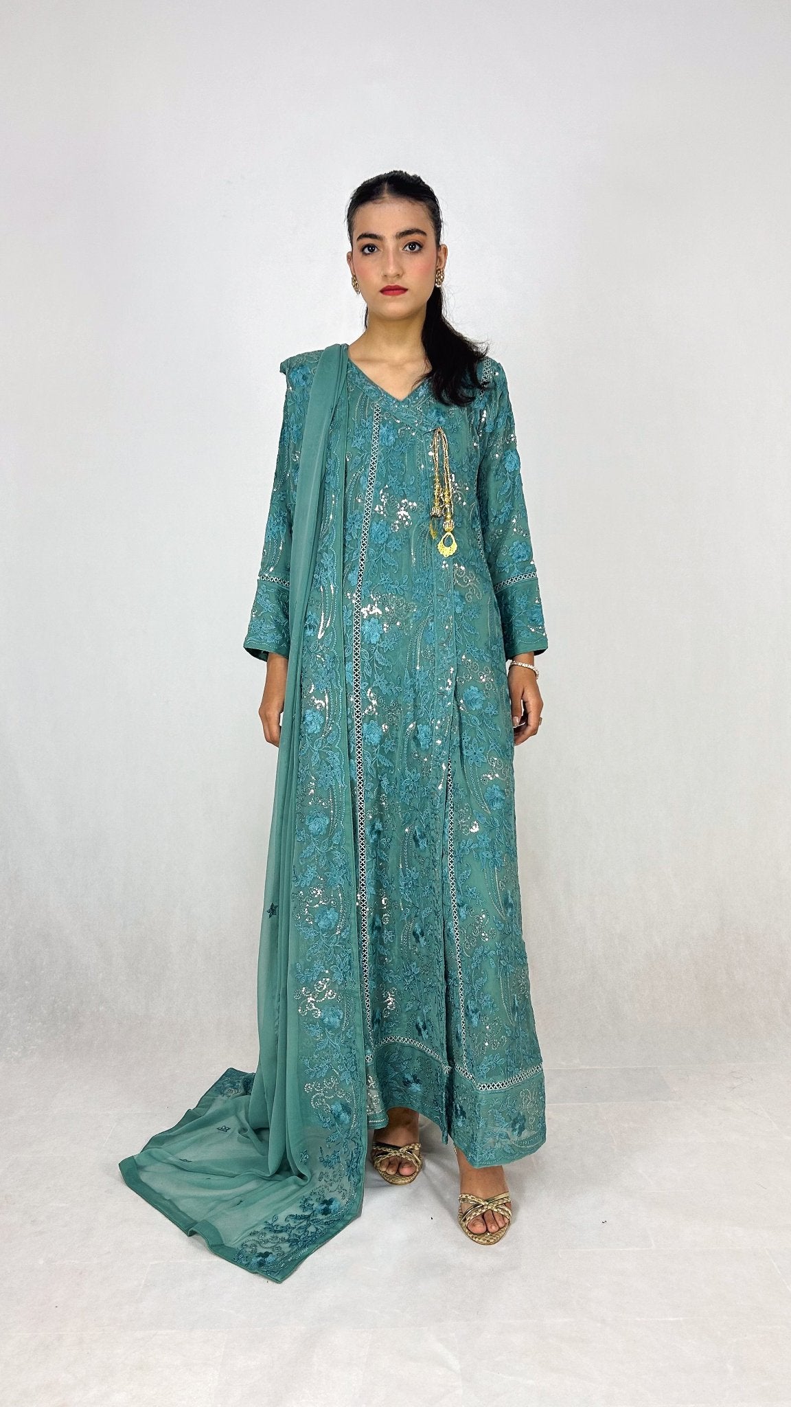 Teal Chiffon Anarkali Gown Maxi Dress Embroidered Long Frock Complete Look