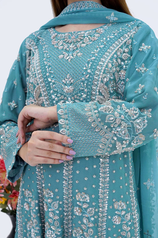 Sky Blue Bridesmaid Chiffon Maxi Dress with Handwork Full Picture