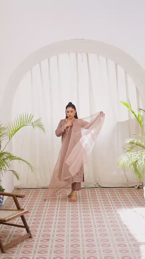 Woman wearing brown embroidered organze shalwar kameez suit video