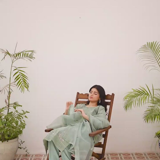 Women wearing light green embroidered organza shalwar kameez suit video