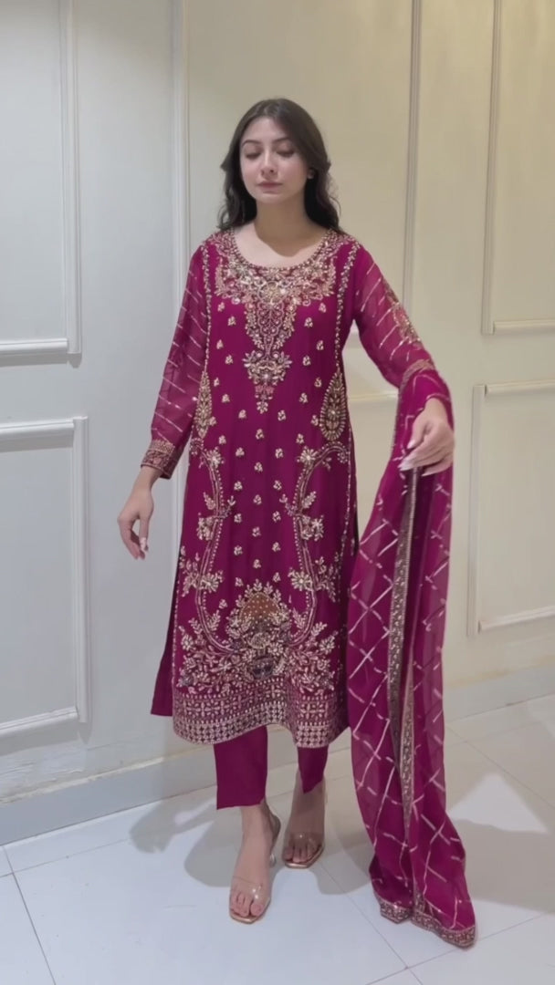 Model showcasing flow and elegance of chiffon shalwar kameez outfit
