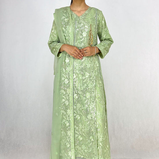 Light Olive Embroidered Anarkali Dress Chiffon Long Frock Maxi Complete Look Video