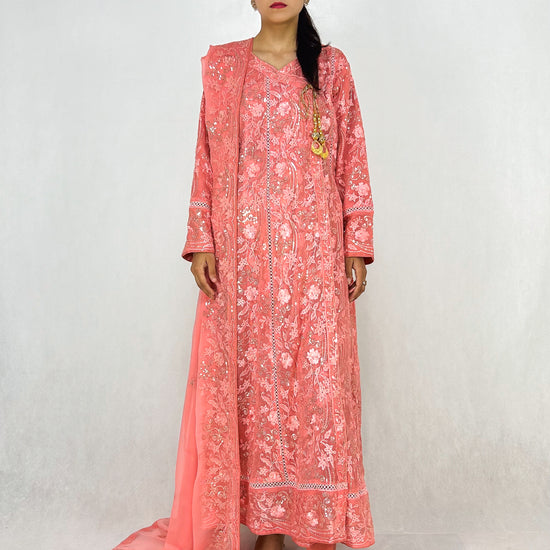 Pink Embroidered Anarkali Gown Dress Chiffon Long Frock Maxi Complete Look Video