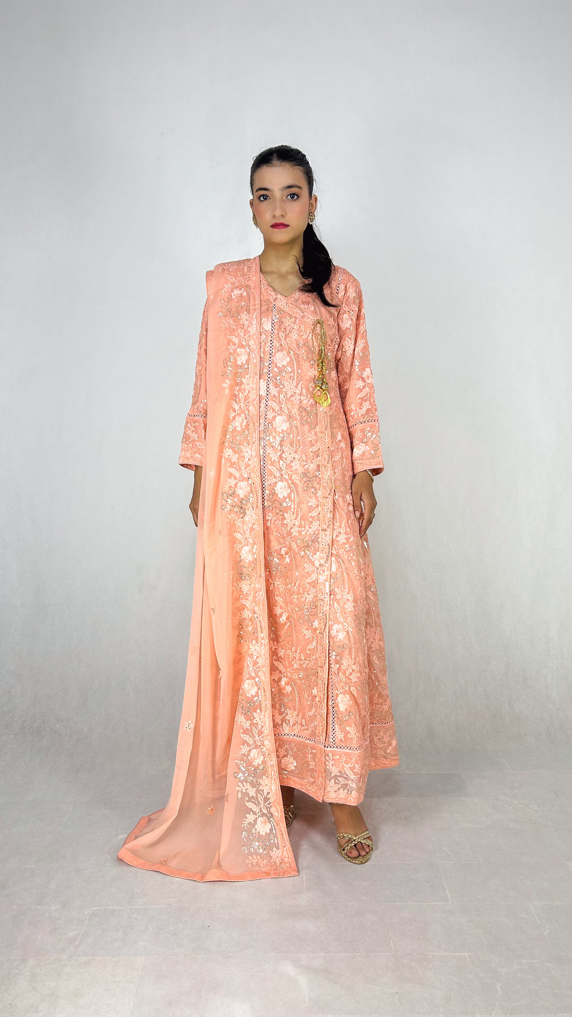 Melon Chiffon Anarkali Gown Maxi Dress Embroidered Long Frock Complete Look Video