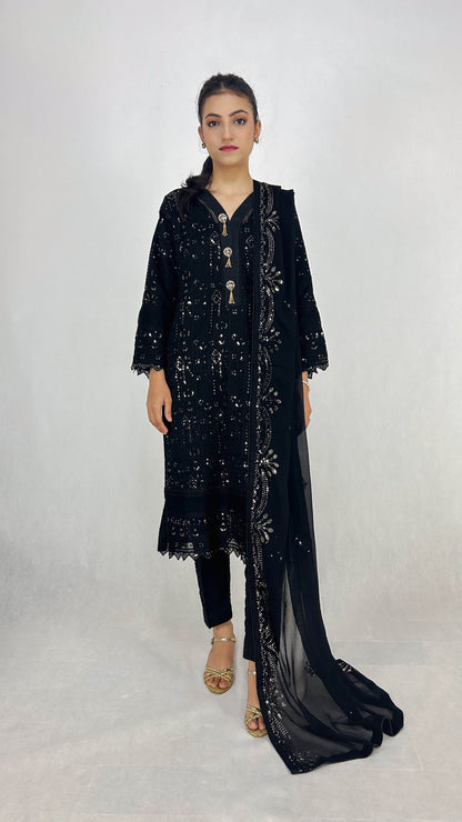 Black Embroidered Chiffon Shalwar Kameez - Formal Wear