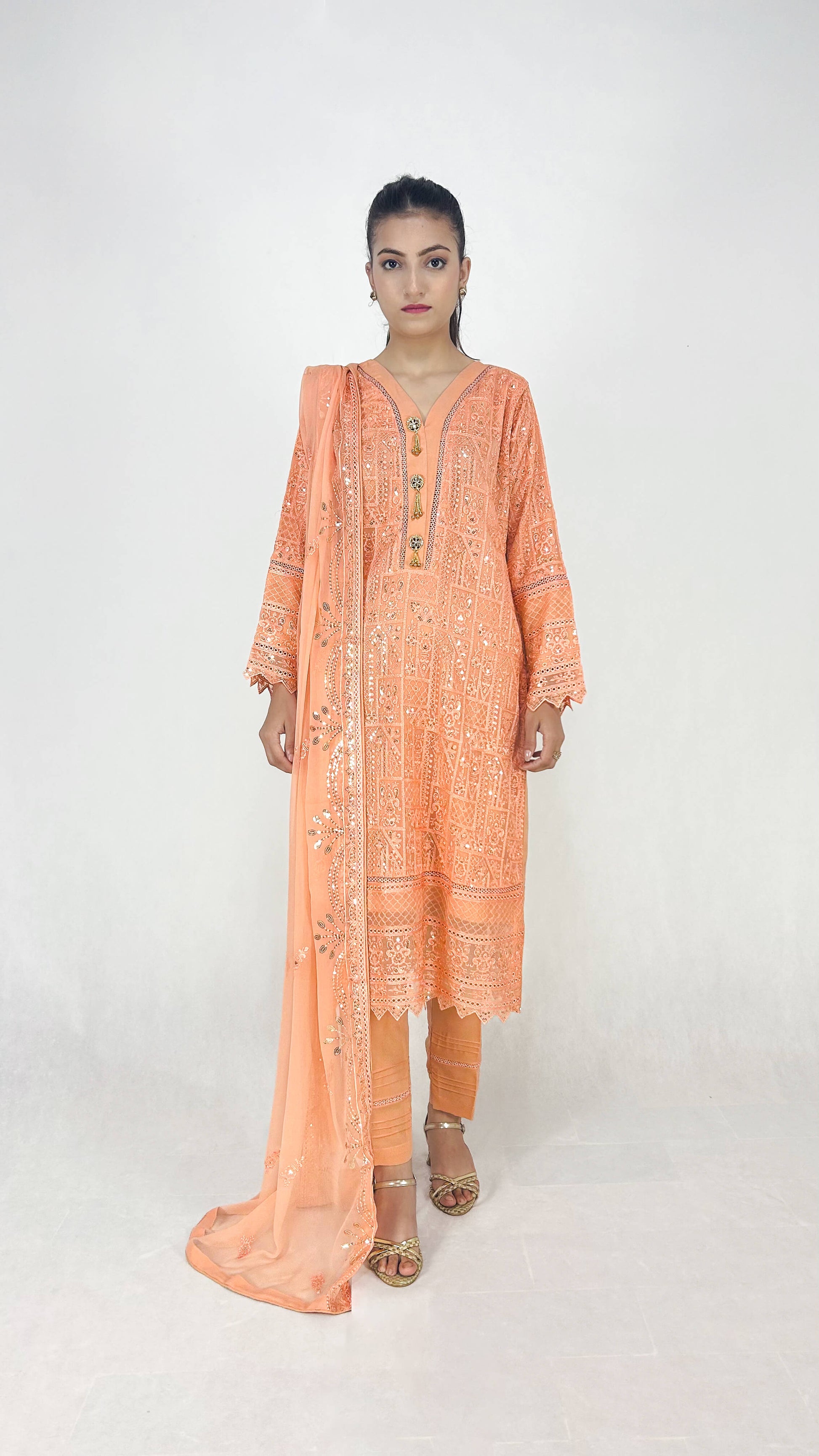 Peach Embroidered Chiffon Shalwar Kameez Formal Ethnic Wear Complete Look Video