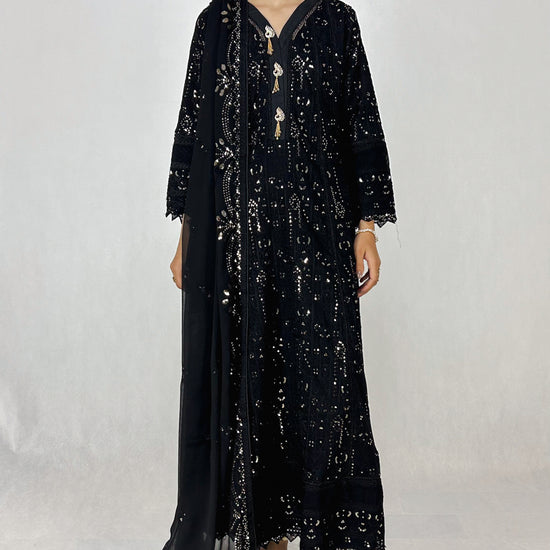 Black Chikankari Embroidered Chiffon Long Dress Anarkali Maxi Complete Look Video