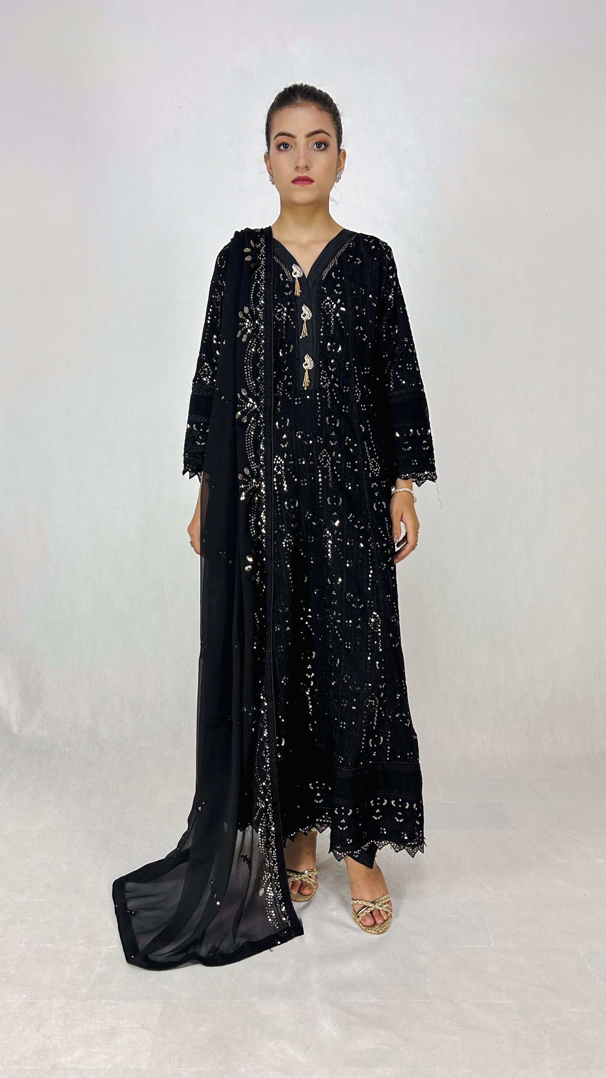 Black Chikankari Embroidered Chiffon Long Dress Anarkali Maxi Complete Look Video