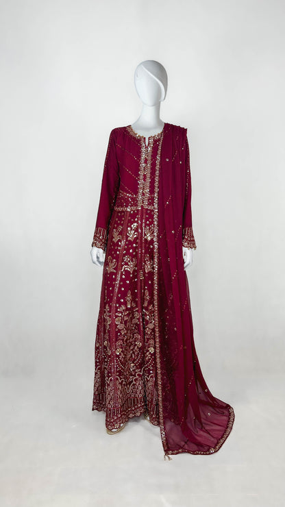 Maroon Pakistani Formal Wear Chiffon Anarkali Long Frock Dress Complete Look Video