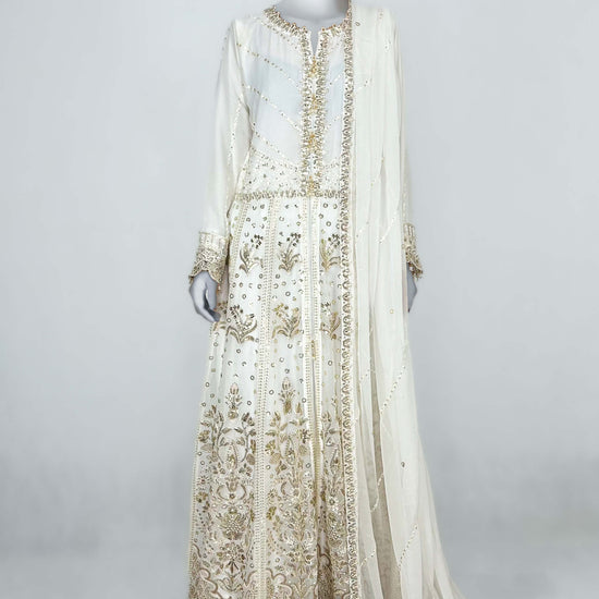 White Pakistani Formal Wear Long Gown Dress Anarkali Chiffon Maxi Complete Look Video