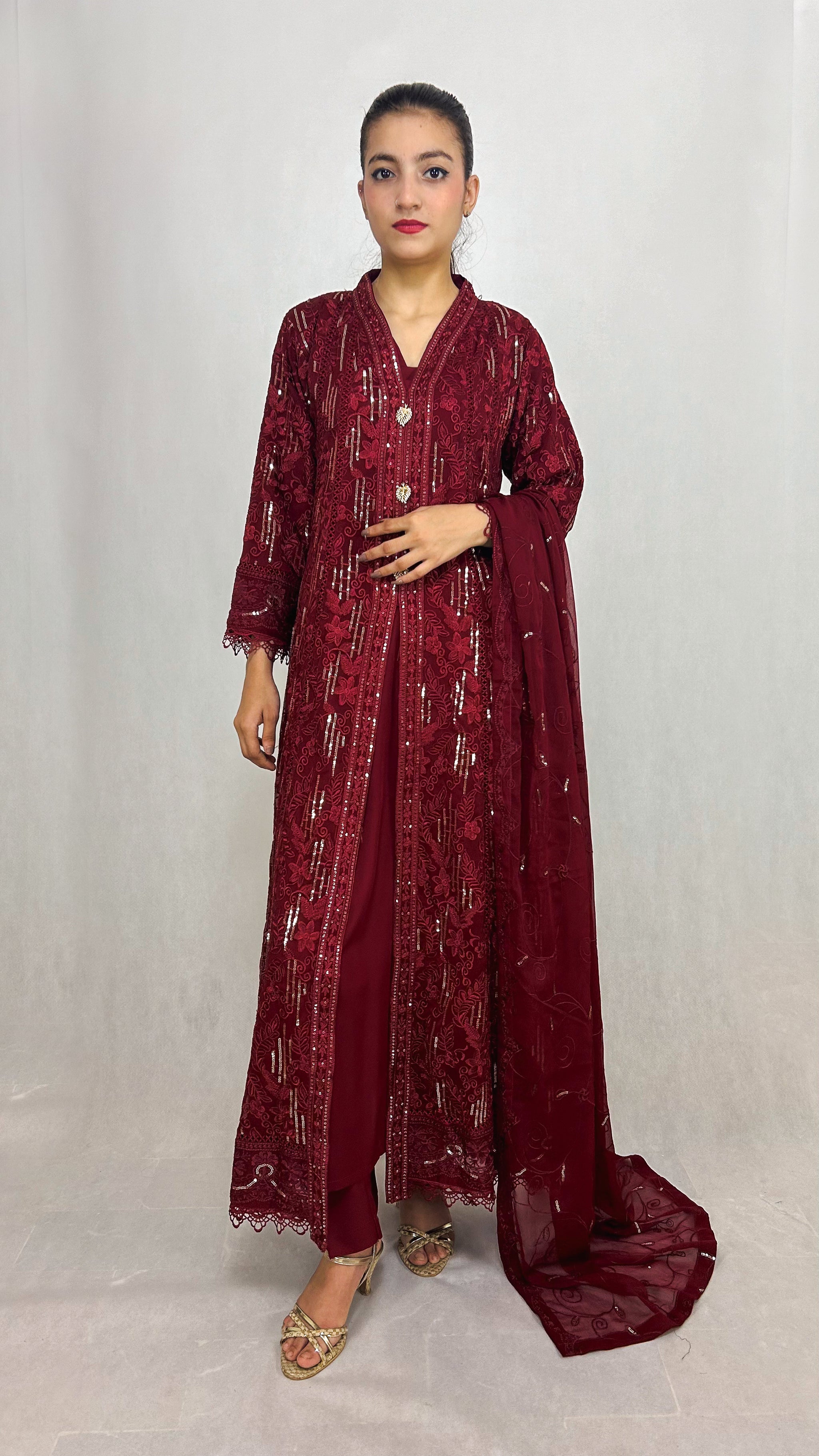 Maroon Anarkali Maxi Gown Embroidered Chiffon Long Suit Complete Look Video