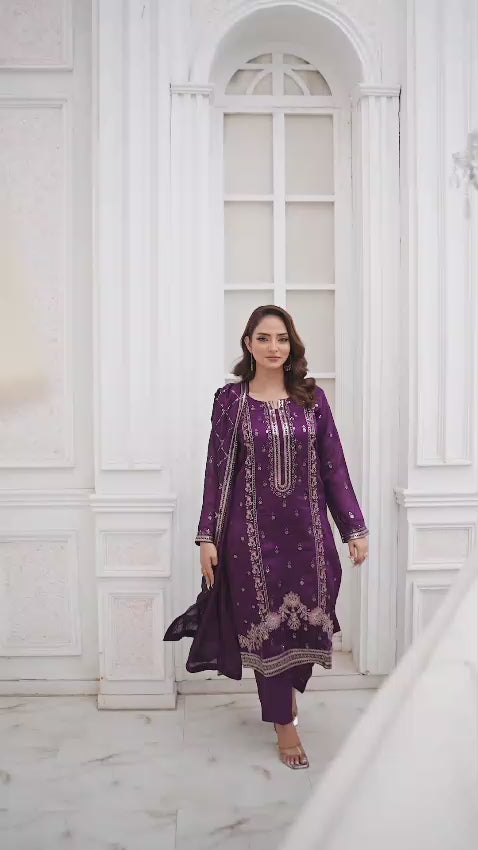 Purple Raw Silk Shalwar Kameez with Embroidery Video
