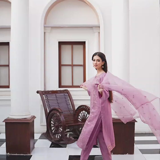 Woman in a pink traditional organza fabric shalwar kameez video