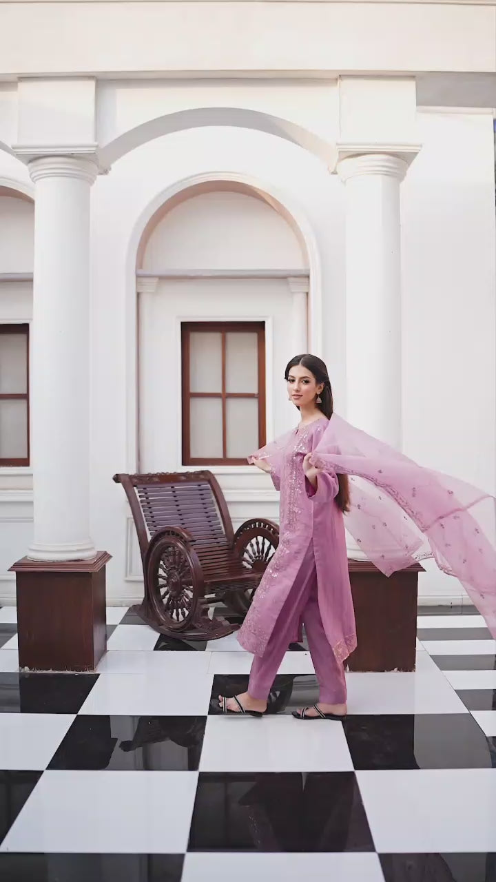 Woman in a pink traditional organza fabric shalwar kameez video
