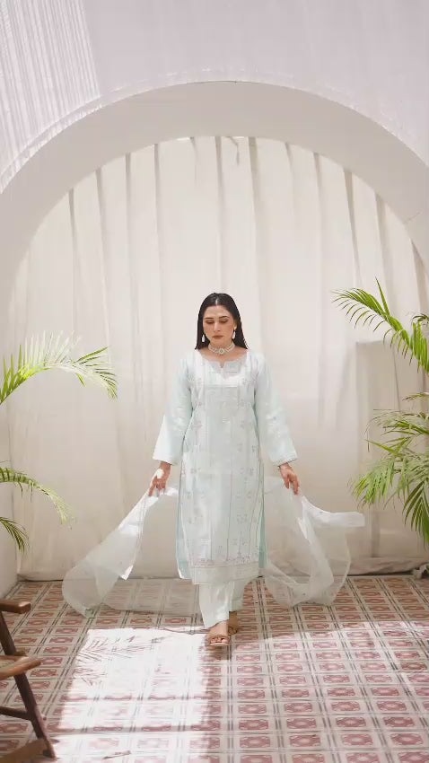 Women wearing light blue organza shalwar kameez suit video